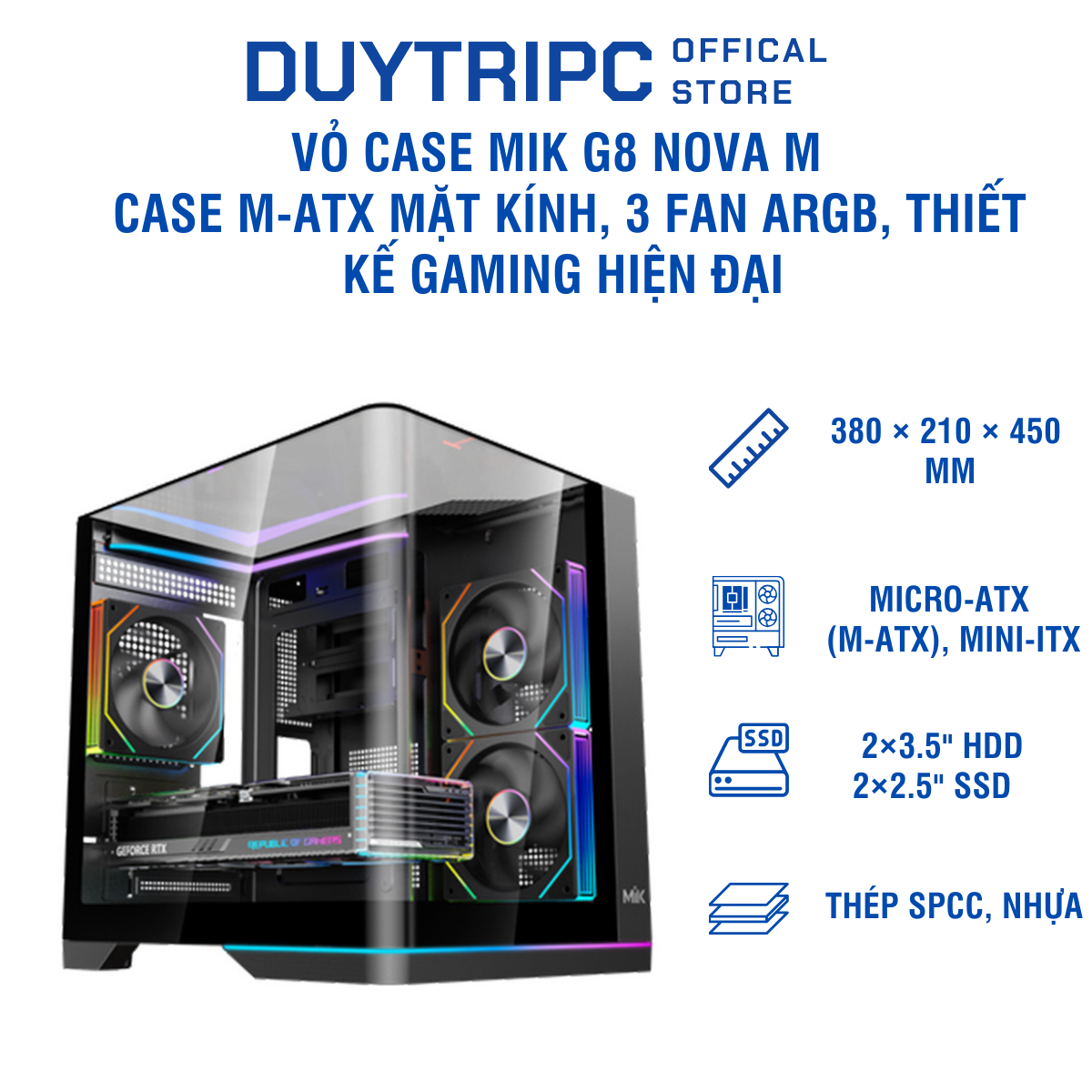 Vỏ Case MIK G8 Nova M | Case M-ATX mặt kính, 3 Fan ARGB, thiết kế gaming hiện đại (Copy)